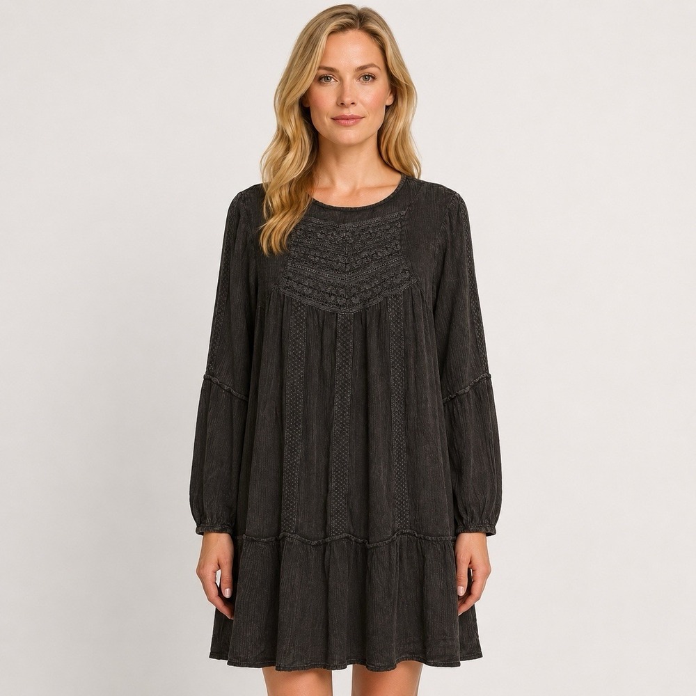 Kings Road Dress Charcoal Gauze Boho Whimsy Peasant Embroidered Tiered SZ Medium